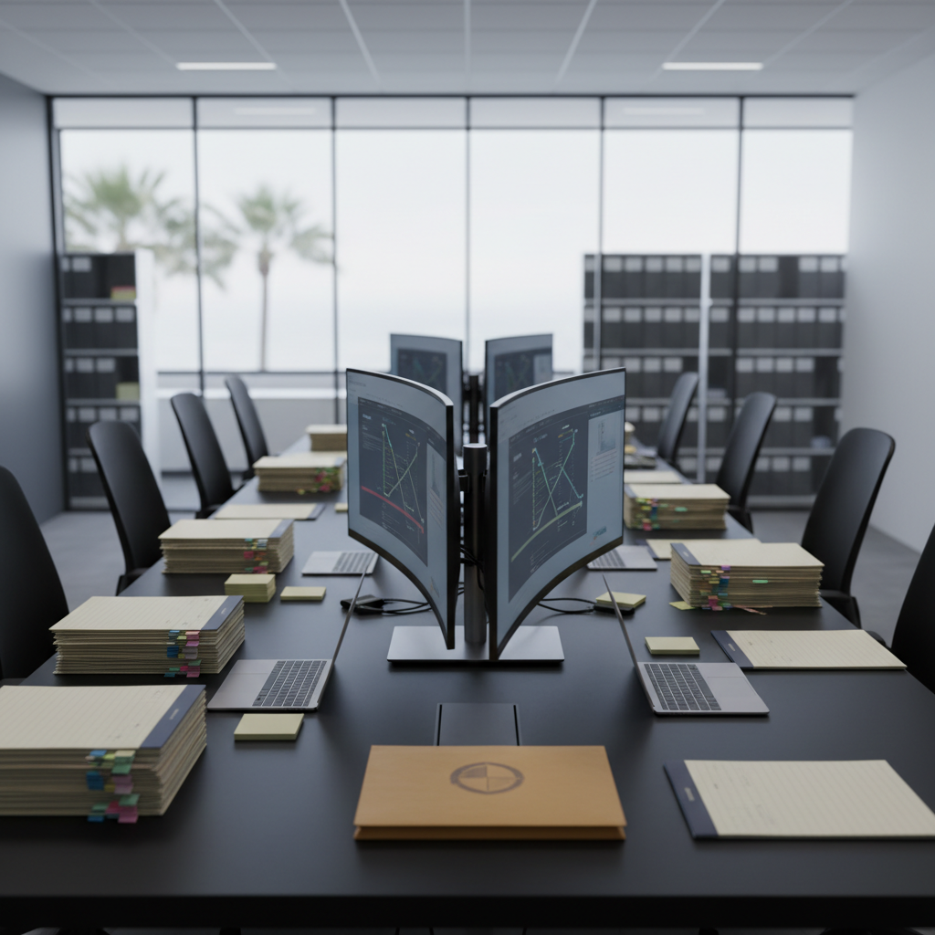 An immaculate litigation war-room setup in a modern California office, photographed at eye level. A long, matte-black table stretches into the distance, covered with neatly arranged case files, slim laptops, and dual curved monitors displaying abstracted timelines and document review interfaces with no readable text. Color-coded sticky note stacks, empty legal pads, and a sealed envelope marked only with a generic symbol suggest meticulous workflow and strict confidentiality. Cool, evenly diffused overhead lighting creates a focused, professional atmosphere with minimal shadows. In the background, glass walls reveal softly blurred shelves of labeled storage boxes and a faint view of palm trees outside, subtly grounding the scene in California. The composition uses leading lines to draw the eye toward the central technology hub, emphasizing order and control.
