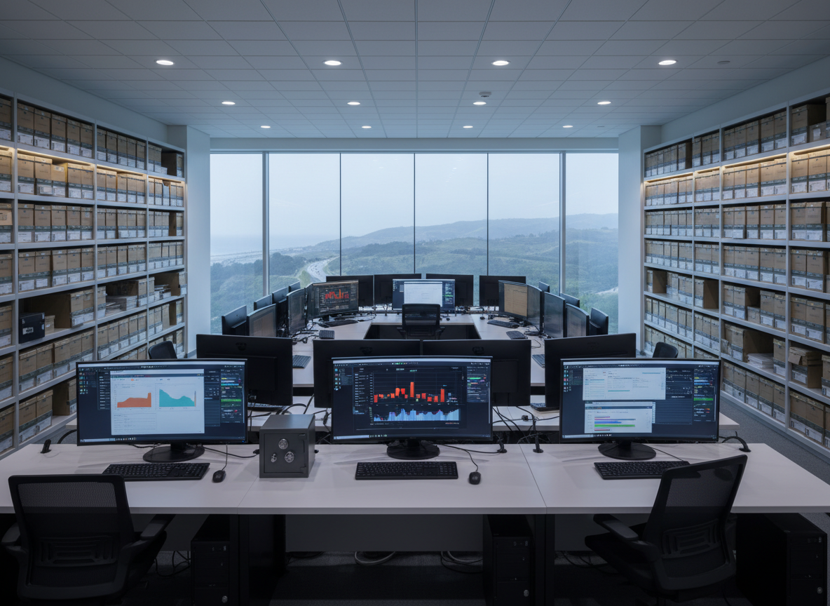 A cinematic, wide-angle photograph of a California litigation support control center, shot from a slightly elevated perspective. A U-shaped arrangement of desks bristles with large monitors, secure black workstations, and abstract dashboard interfaces showing case progress, deadlines, and upload activity, all with non-readable graphics. On the nearest desk, a small, locked fireproof safe and a discreet encrypted USB device underscore confidentiality. The walls are lined with perfectly aligned shelves of uniform, labeled archive boxes, glowing softly under indirect recessed lighting. Through a distant, floor-to-ceiling window, a hazy view of coastal hills and a strip of freeway places the scene in California without distracting from the interior. The overall atmosphere is composed, highly organized, and quietly powerful, in a clean, photographic style that suggests seamless behind-the-scenes support.
