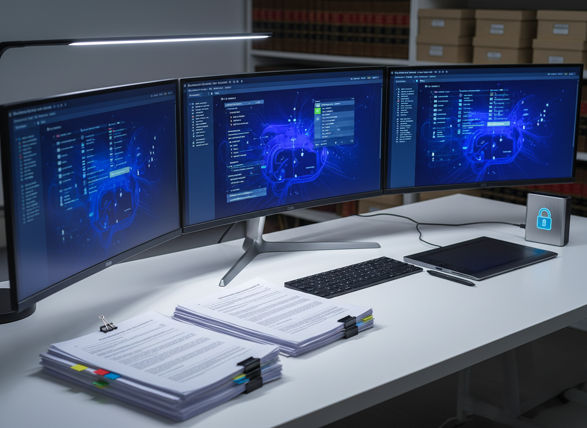 A close-up, photographic realism shot of an organized discovery workspace on a pristine white desk. Multiple high-resolution monitors form a curved arc, displaying abstract data visualizations, folder trees, and document review panes without legible text. Below them, a slim wireless keyboard, a stylus beside a digital tablet, and a locked, brushed-steel external drive convey advanced yet secure technology. Stacks of neatly clipped exhibits, each in clear sheet protectors, are fanned out with colored index tabs, emphasizing careful document organization. Soft, cool-toned LED task lighting illuminates the scene, creating crisp highlights on the tech surfaces and gentle shadows around the paper files. The mood is calm, efficient, and high-end, with a shallow depth of field that blurs a background of muted law books and storage boxes.