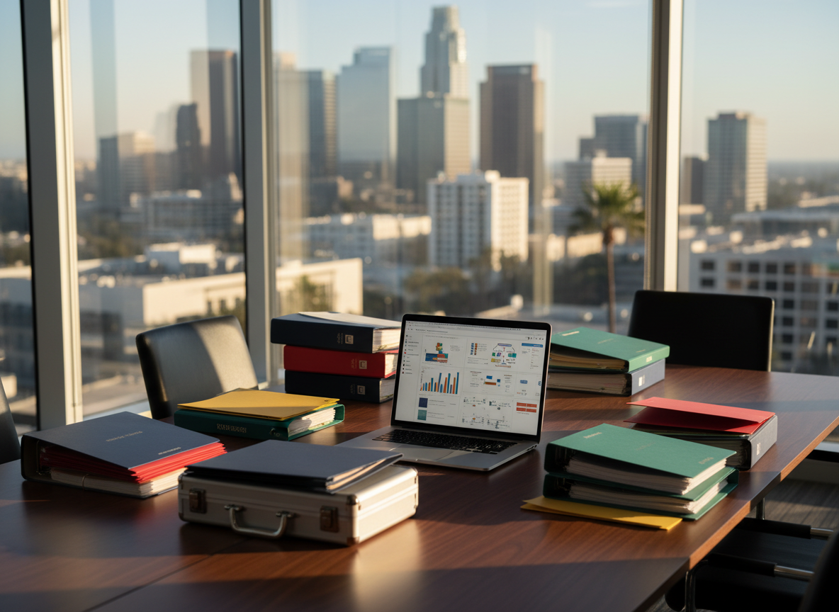 A sleek, glass-walled California law office conference room table seen from an elevated, three-quarter angle. In the center of the polished walnut surface sits an open, ultra-thin laptop displaying a complex but abstract document management dashboard, surrounded by neatly stacked, tabbed binders and color-coded folders. A discreet, locked metal document case rests near the edge, hinting at confidentiality. Late-afternoon natural light pours through tall windows, casting soft, elongated shadows and a warm glow on the table. The city skyline of a California downtown is subtly visible, gently blurred in the background. Photographic realism with a clean, modern aesthetic, sharp focus on the technology and organized materials, conveying control, precision, and quiet confidence.